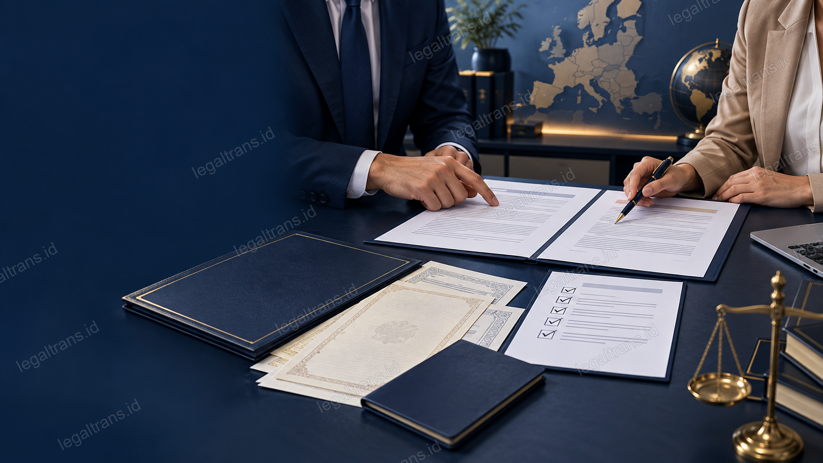 Tim legal memeriksa dokumen bilingual dan persyaratan sertifikasi terjemahan untuk Eropa