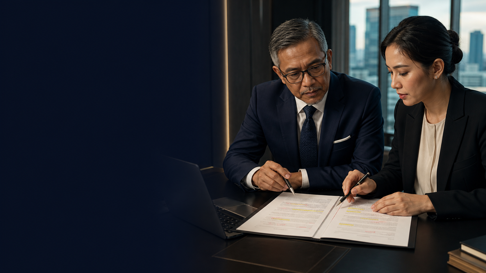 Profesional hukum dan penerjemah meninjau dua versi kontrak internasional secara berdampingan.